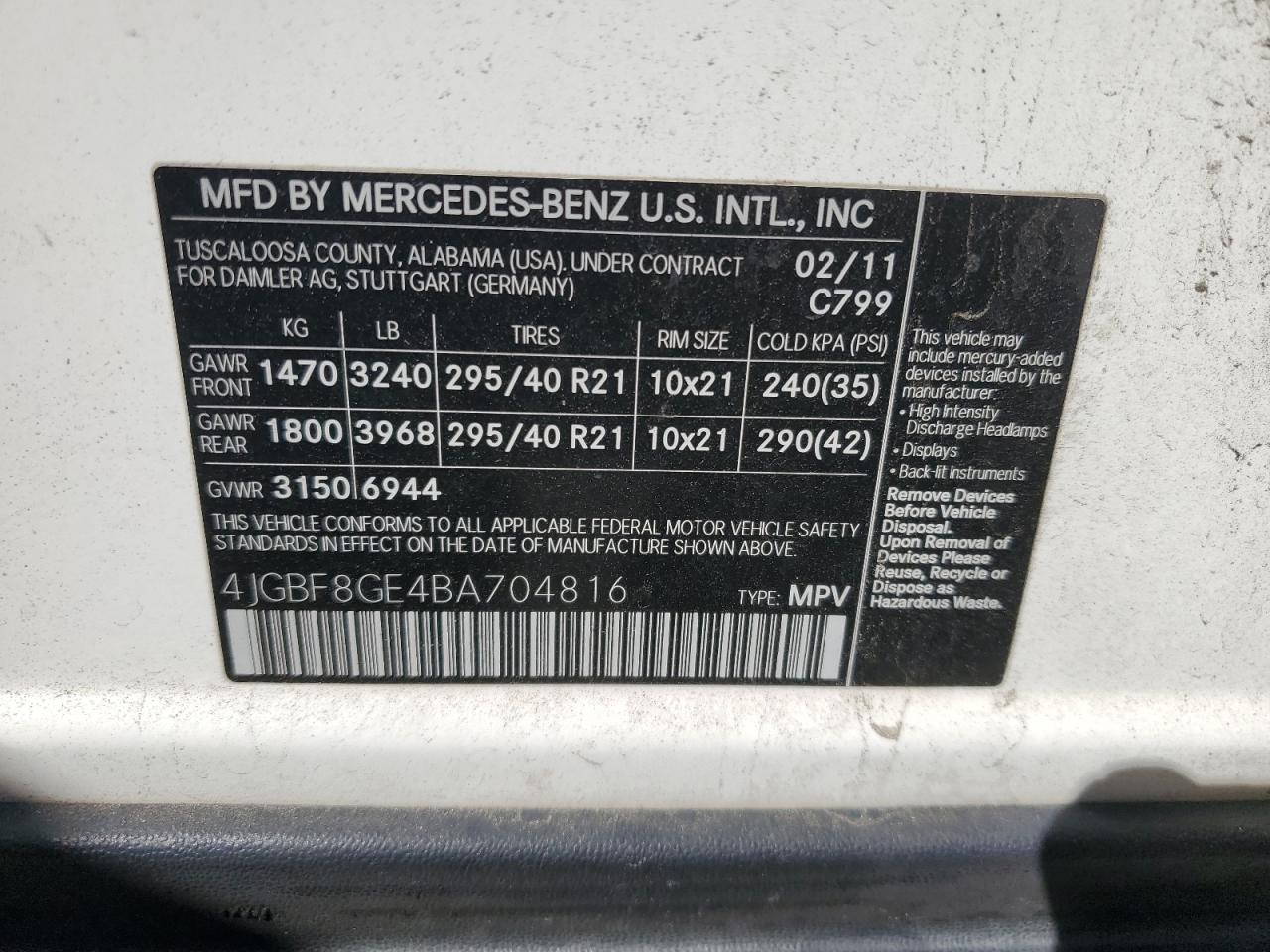 4JGBF8GE4BA704816 2011 Mercedes-Benz Gl 550 4Matic