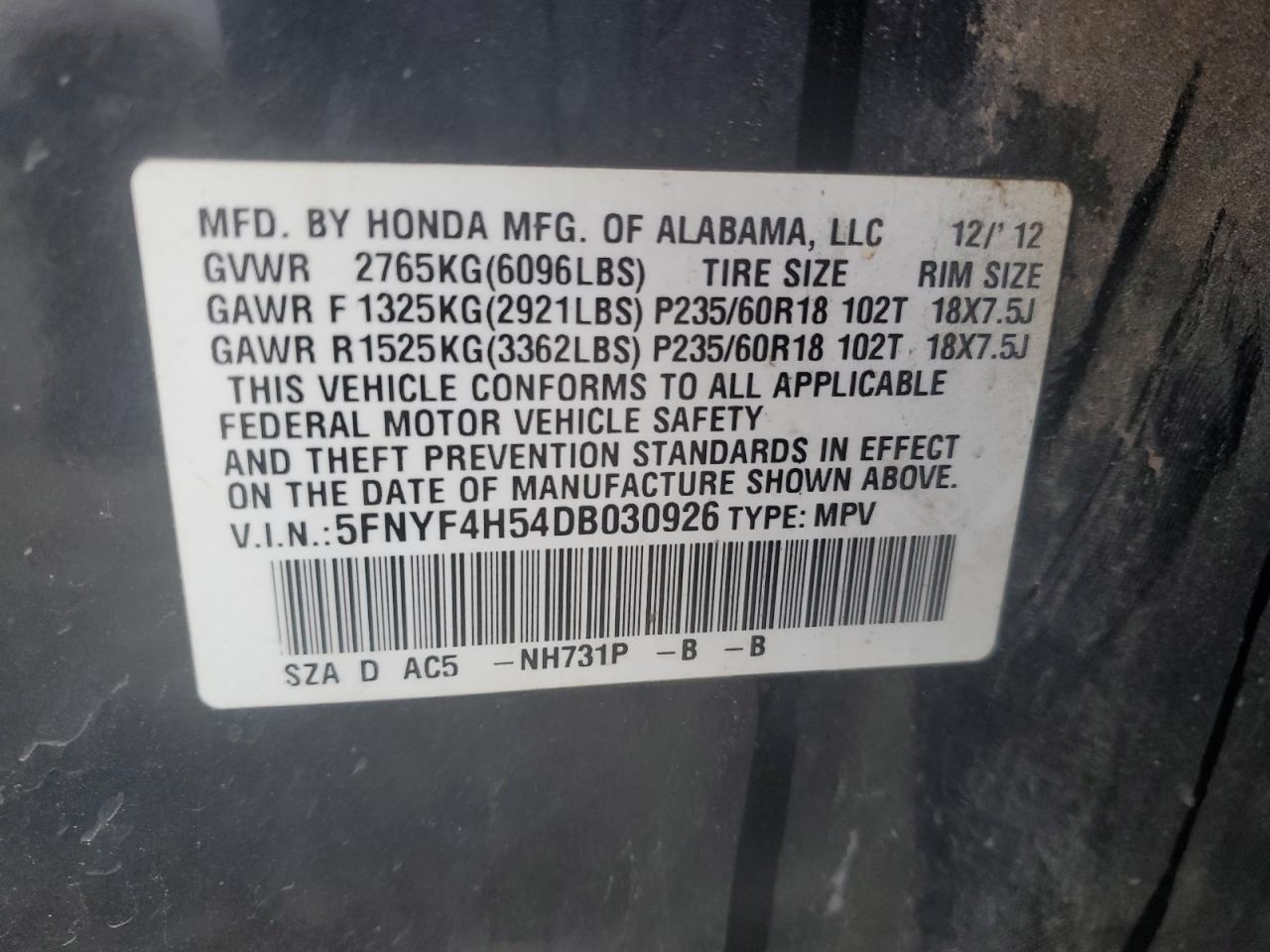 5FNYF4H54DB030926 2013 Honda Pilot Exl