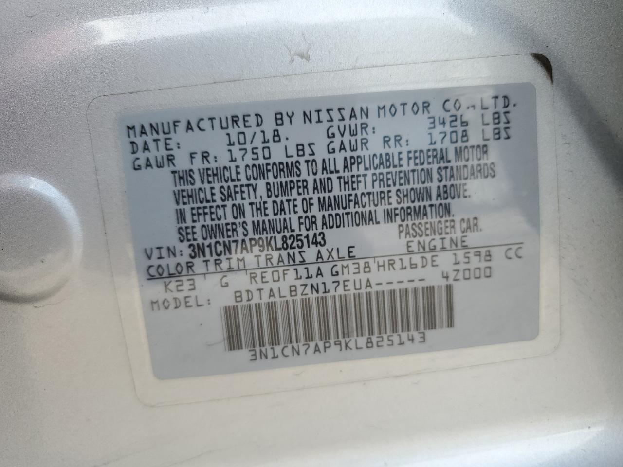 3N1CN7AP9KL825143 2019 Nissan Versa S