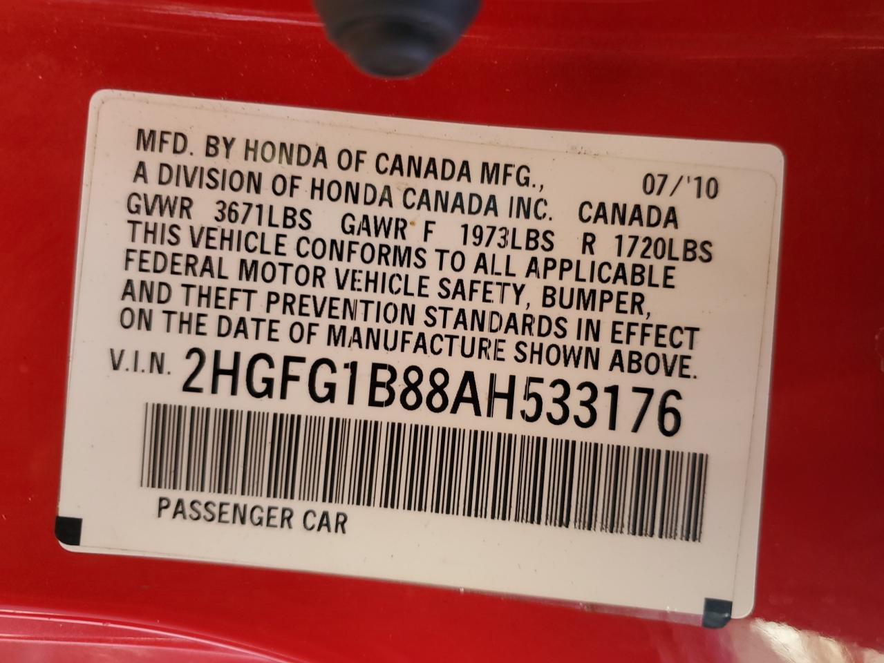 2010 Honda Civic Ex VIN: 2HGFG1B88AH533176 Lot: 72629784