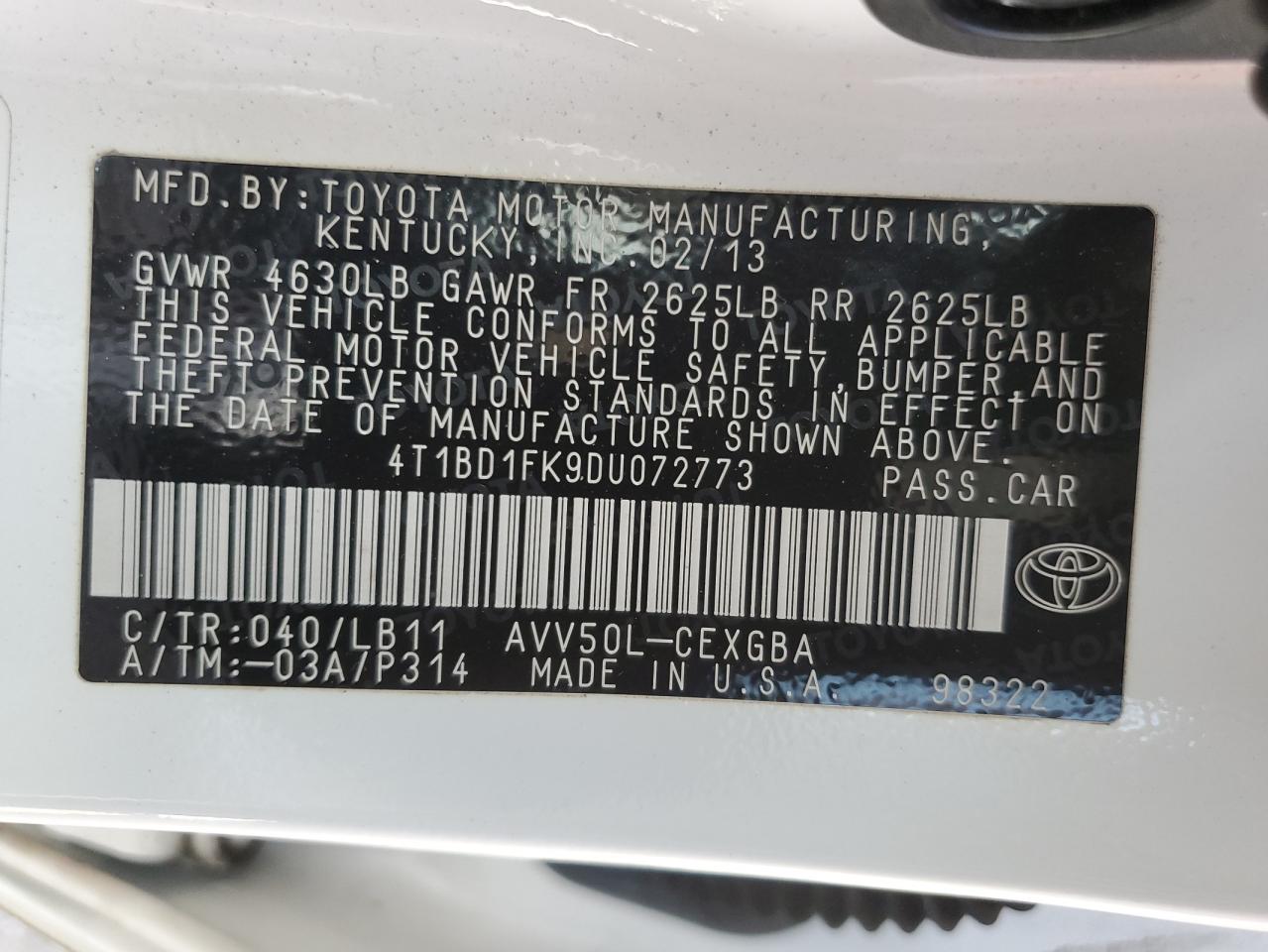 4T1BD1FK9DU072773 2013 Toyota Camry Hybrid