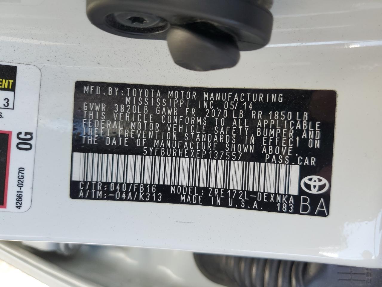 5YFBURHEXEP137557 2014 Toyota Corolla L