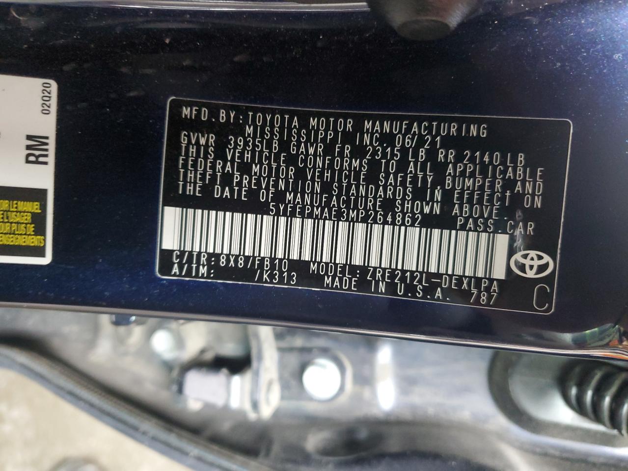 5YFEPMAE3MP264862 Toyota Corolla LE 12