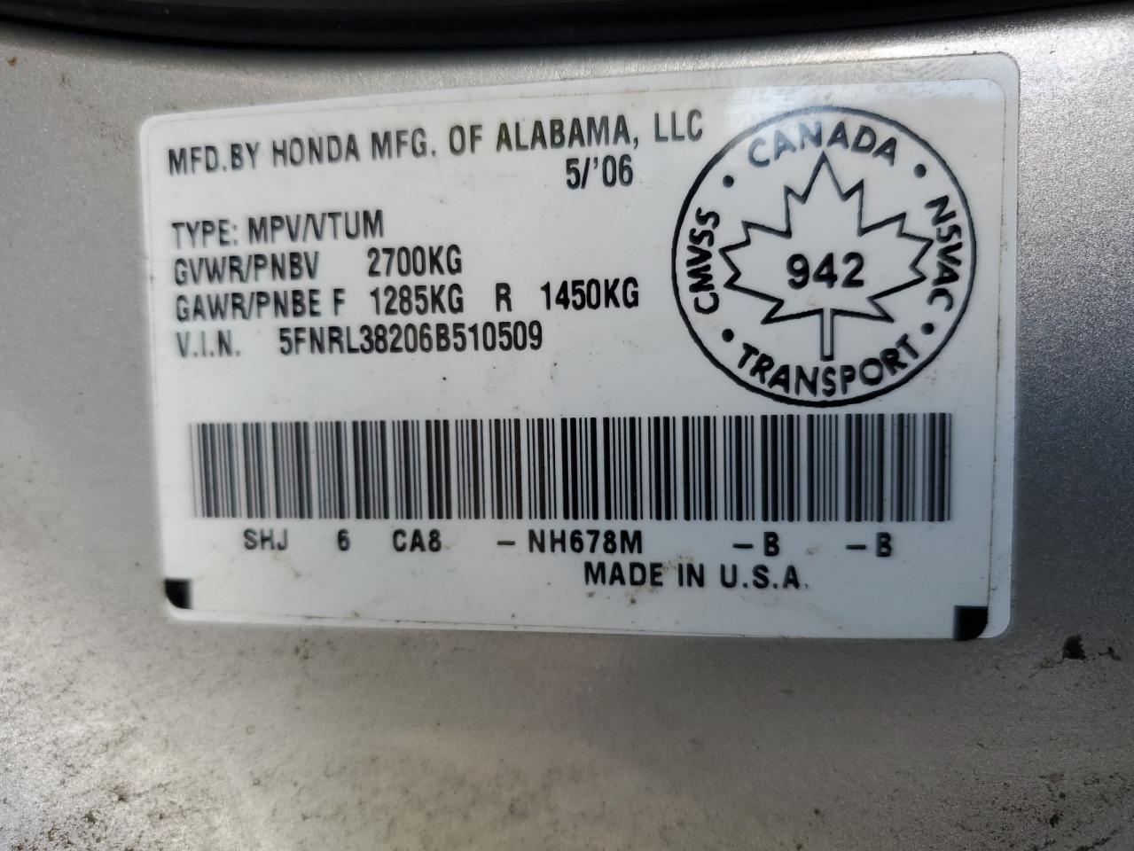 2006 Honda Odyssey Lx VIN: 5FNRL38877B505331 Lot: 71607984