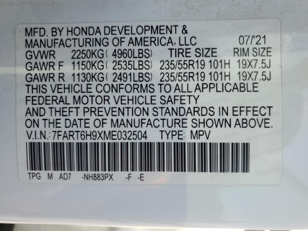 2021 Honda Cr-V Touring VIN: 7FART6H9XME032504 Lot: 70514604