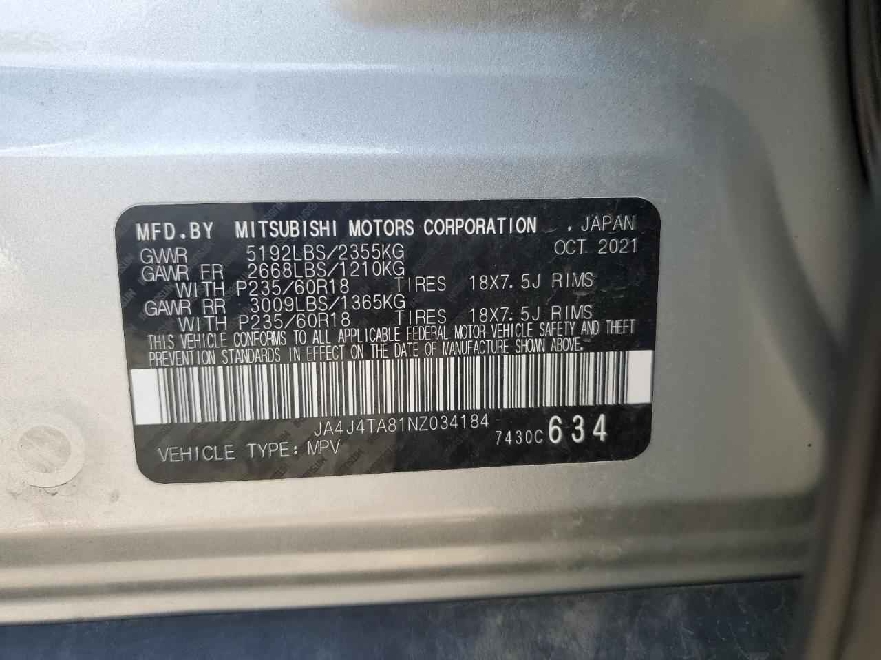 2022 Mitsubishi Outlander Es VIN: JA4J4TA81NZ034184 Lot: 70747854