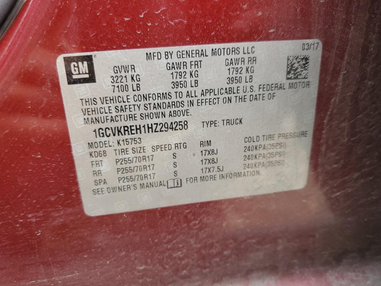 1GCVKREH1HZ294258 2017 Chevrolet Silverado K1500 Lt