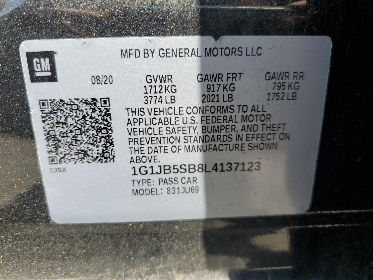 1G1JB5SB8L4137123 2020 Chevrolet Sonic Ls