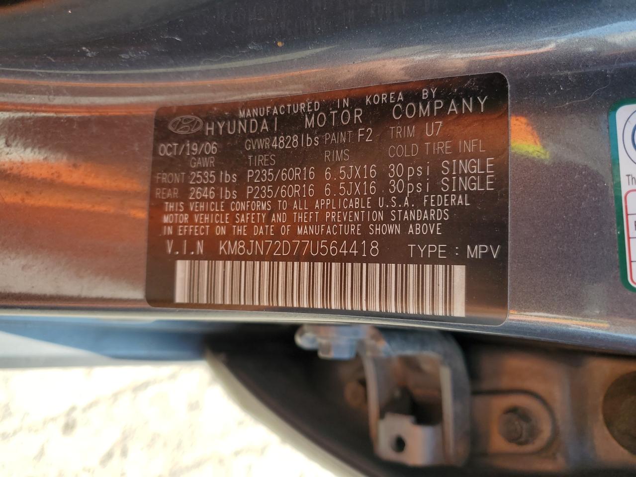 KM8JN72D77U564418 2007 Hyundai Tucson Se