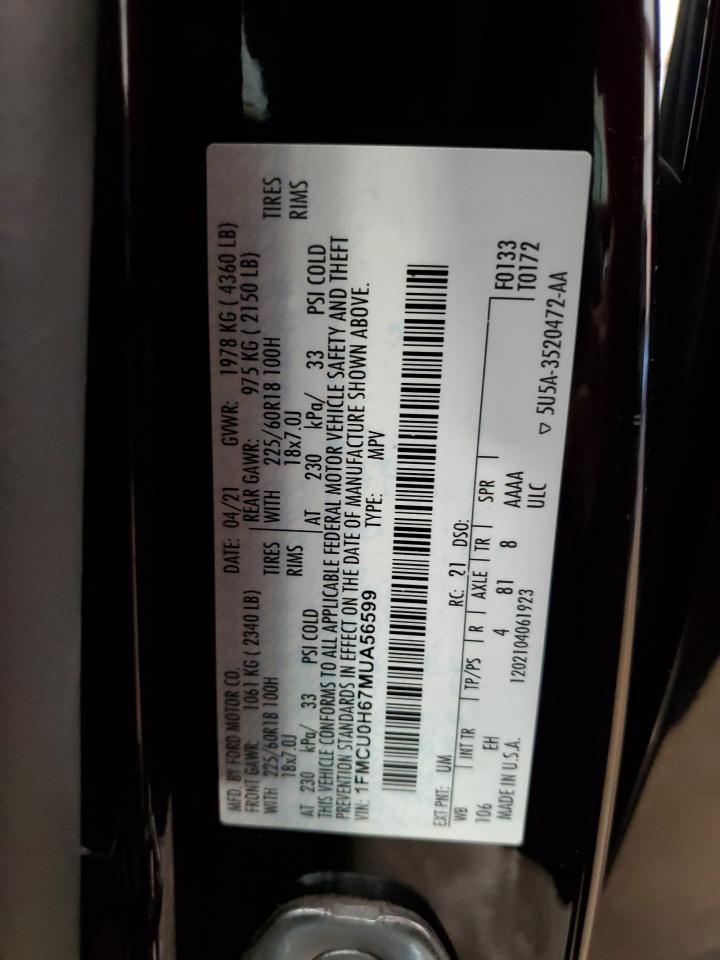 2021 Ford Escape Sel VIN: 1FMCU0H67MUA56599 Lot: 70500634