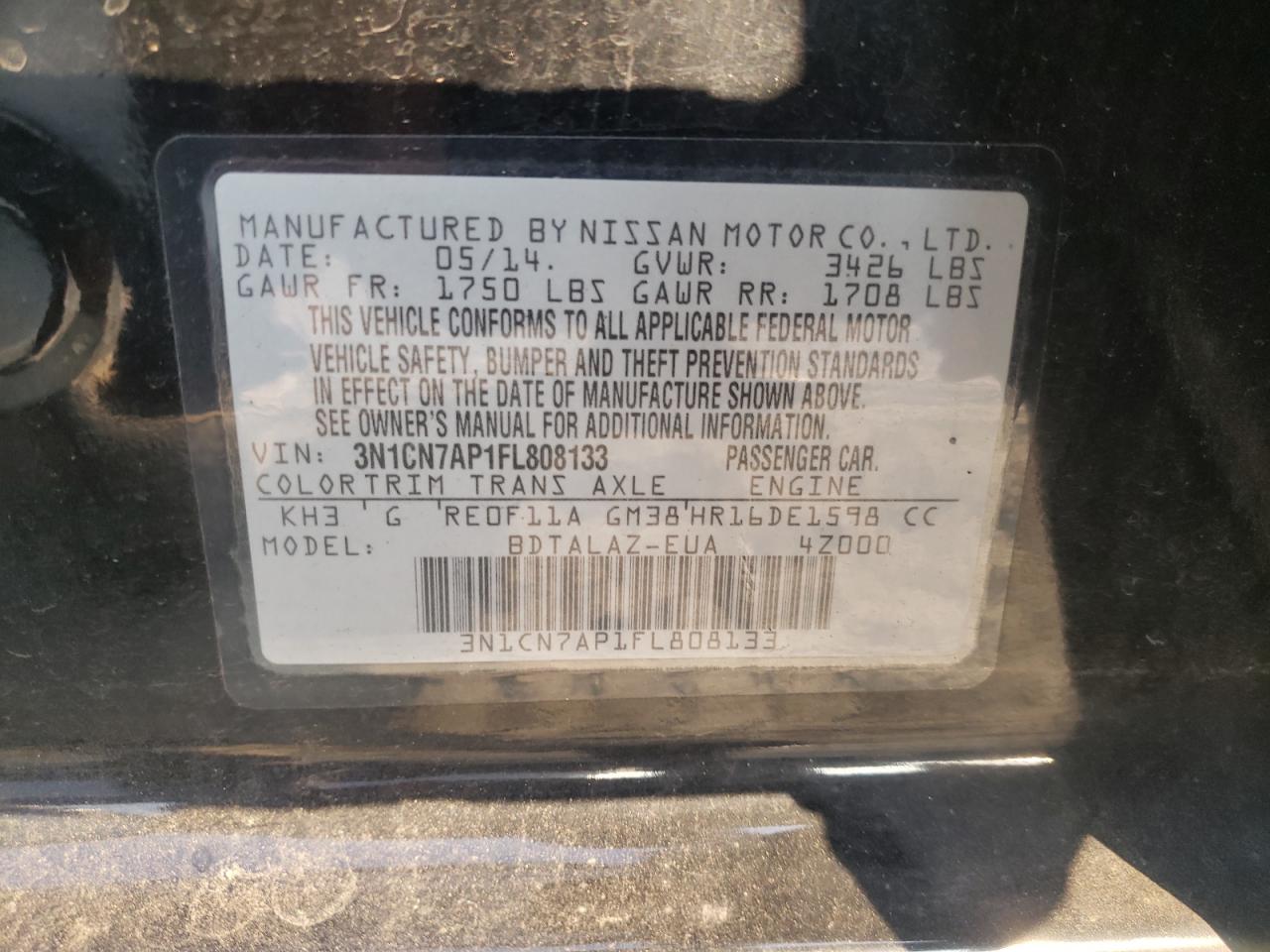 3N1CN7AP1FL808133 2015 Nissan Versa S