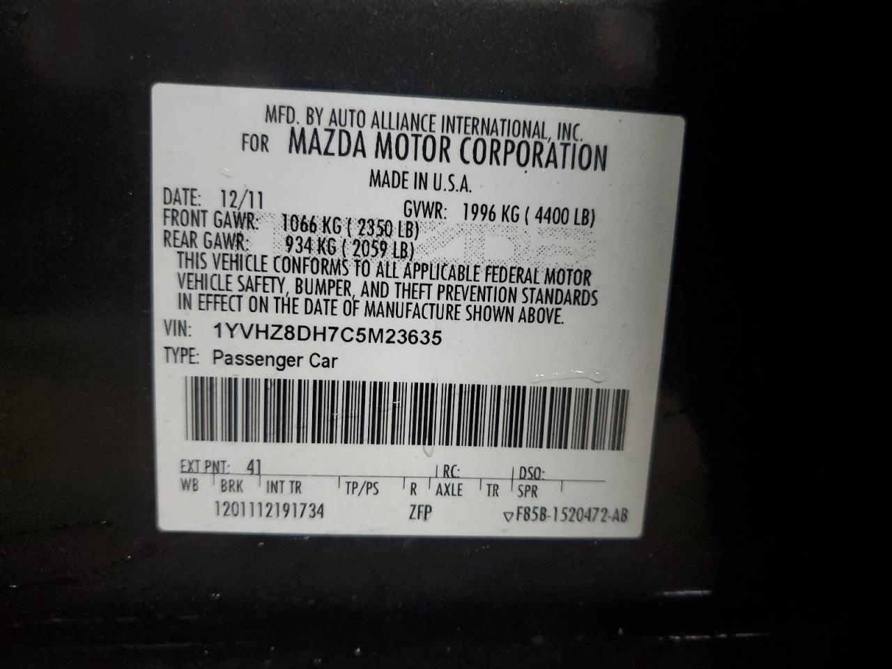 1YVHZ8DH7C5M23635 2012 Mazda 6 I