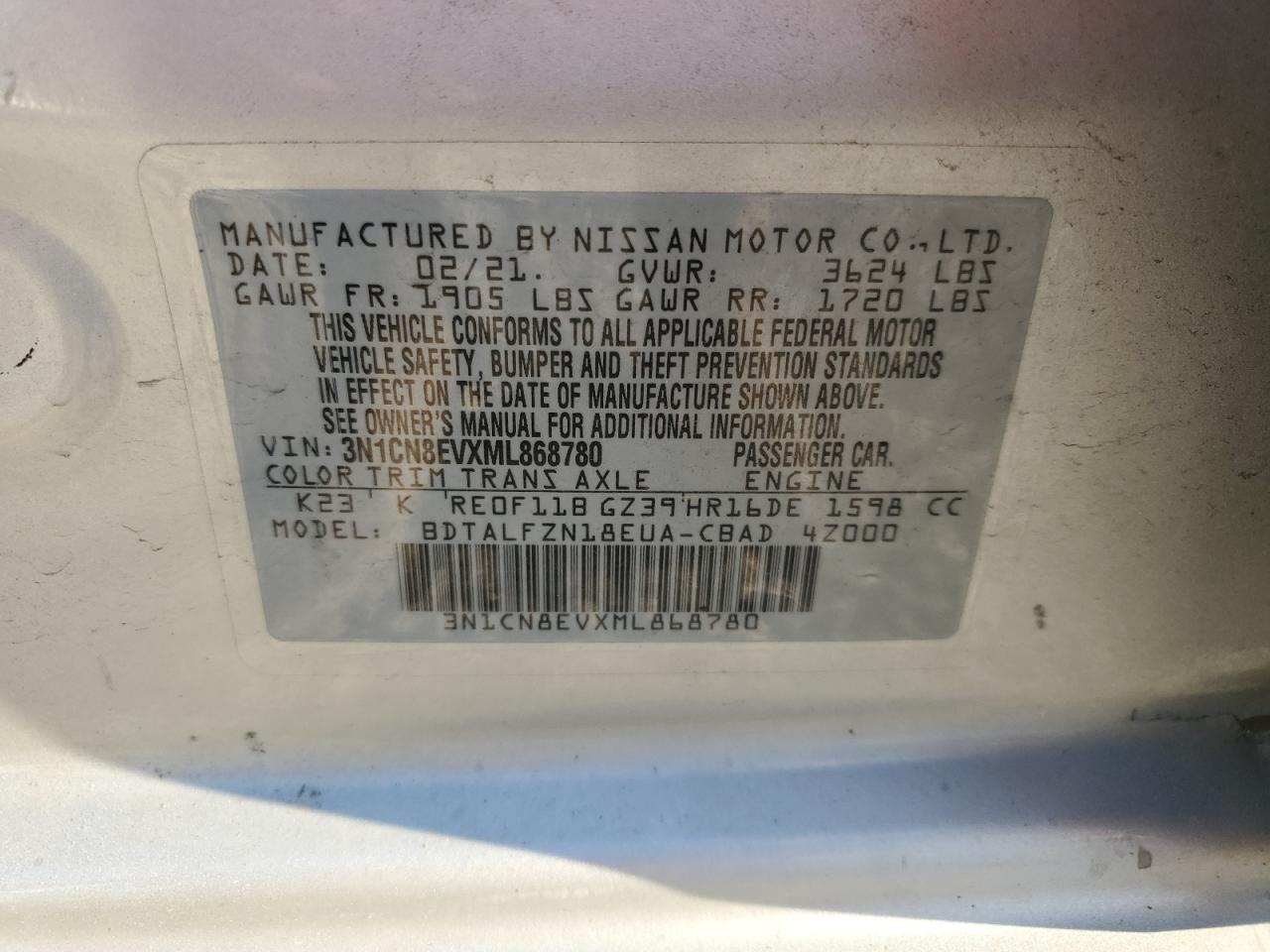 3N1CN8EVXML868780 2021 Nissan Versa Sv