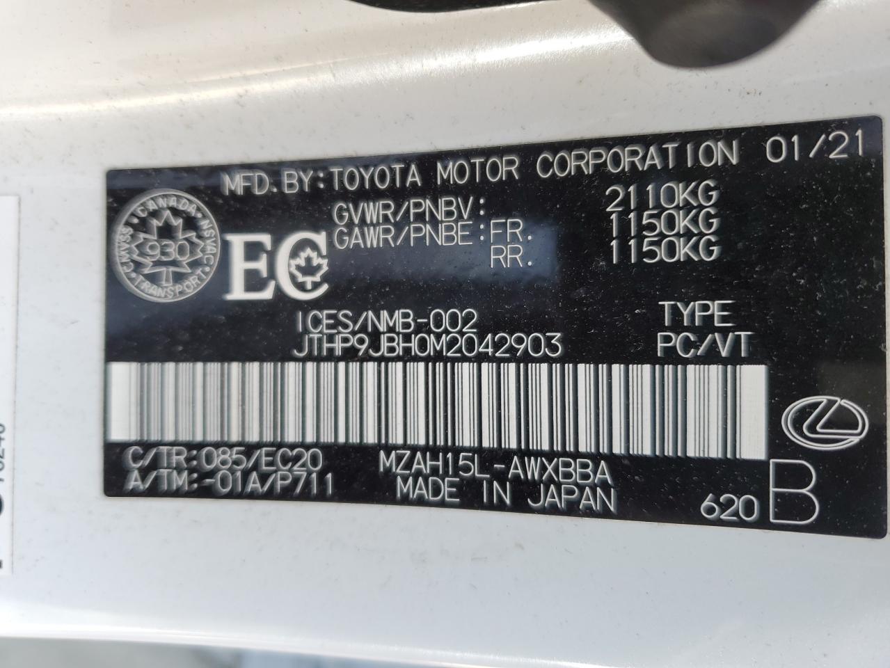 JTHP9JBH0M2042903 2021 Lexus Ux 250H