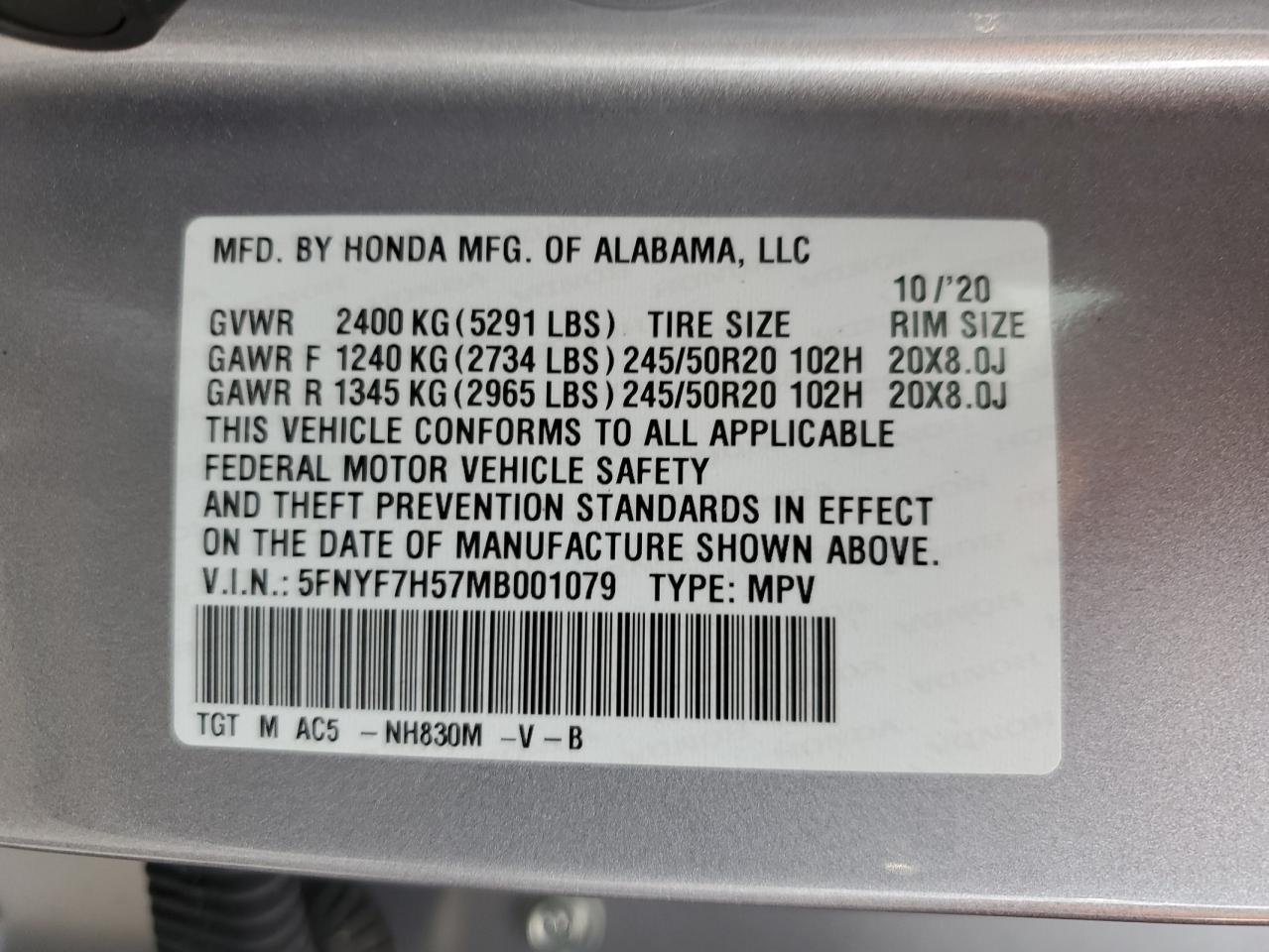 5FNYF7H57MB001079 2021 Honda Passport Exl