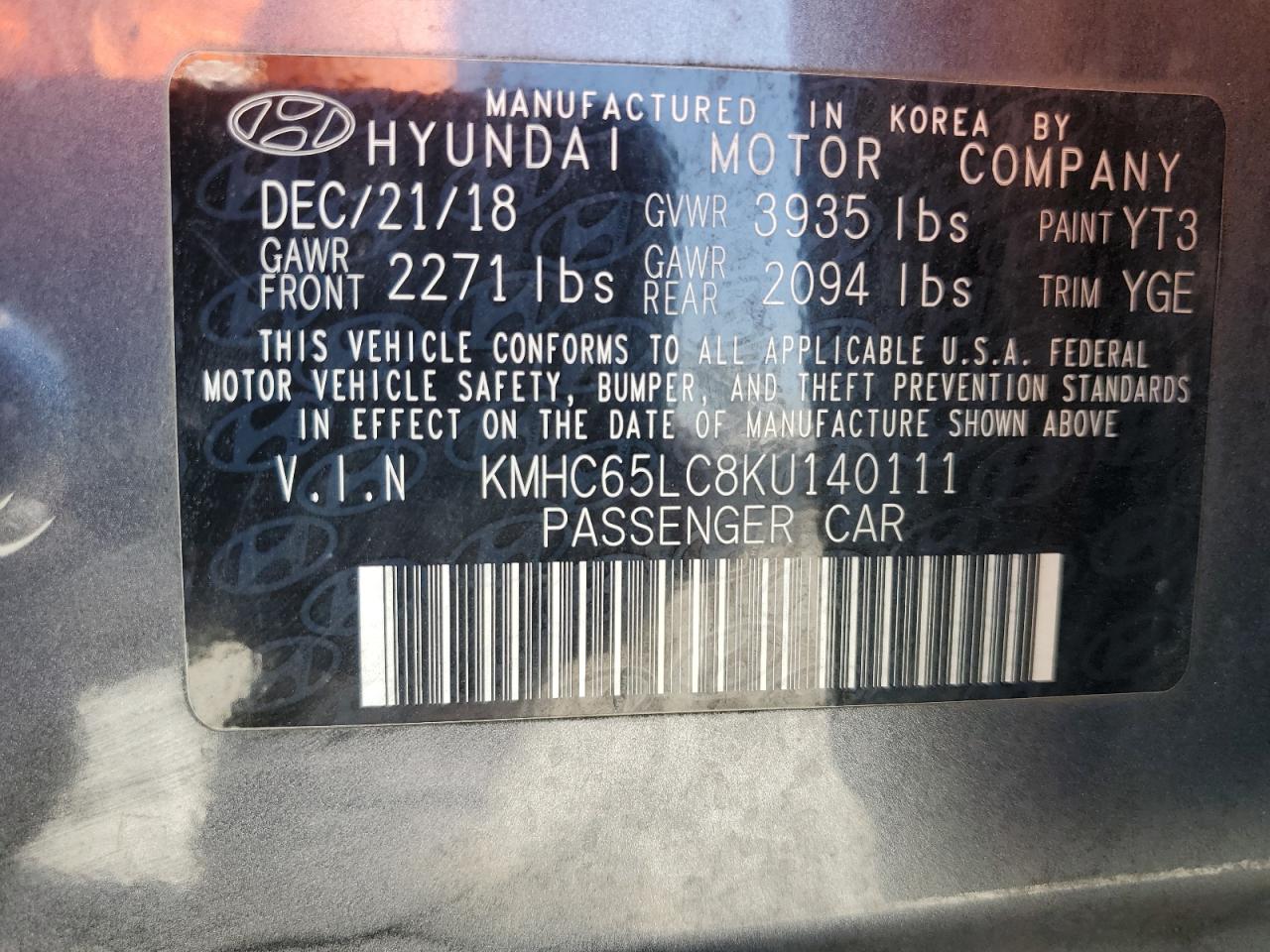 KMHC65LC8KU140111 2019 Hyundai Ioniq Blue