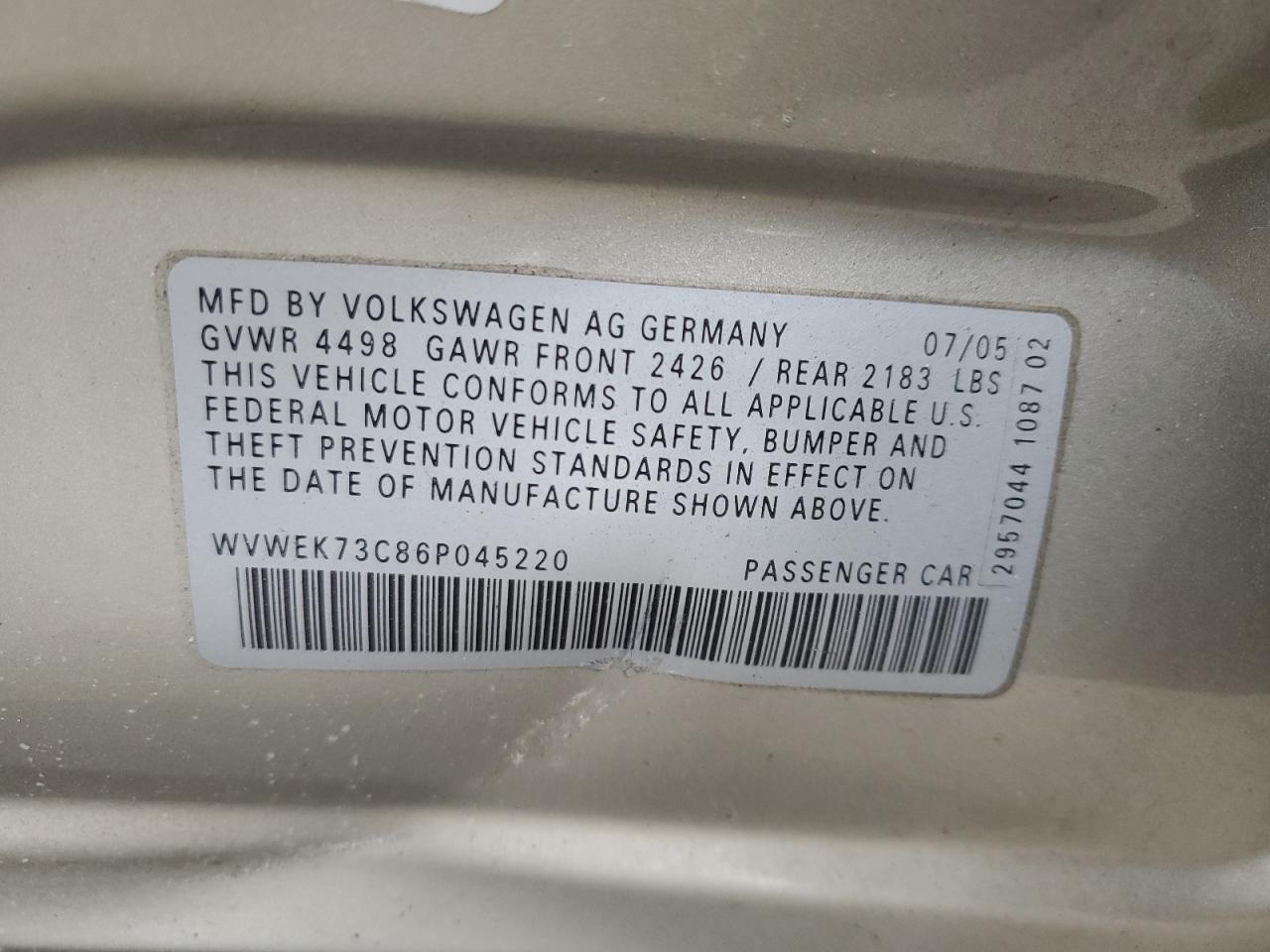 WVWEK73C86P045220 2006 Volkswagen Passat 2.0T Luxury