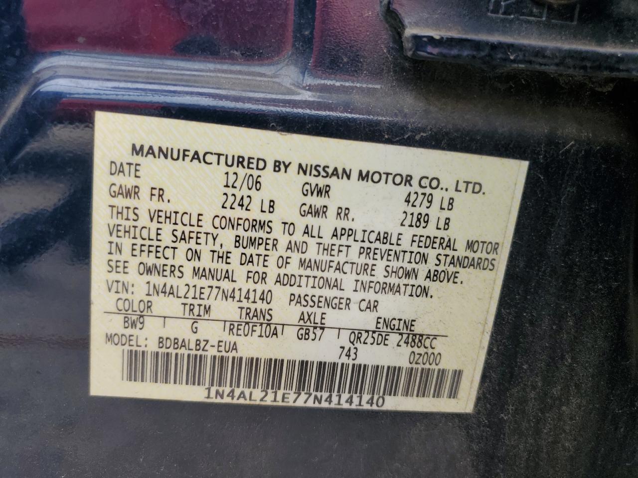 1N4AL21E77N414140 2007 Nissan Altima 2.5