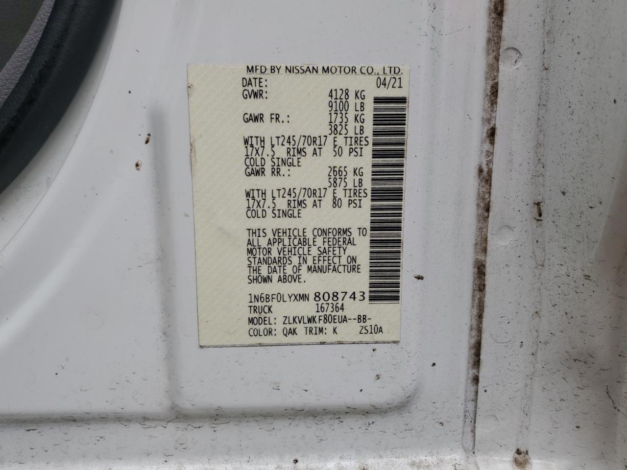 1N6BF0LYXMN808743 2021 Nissan Nv 2500 S