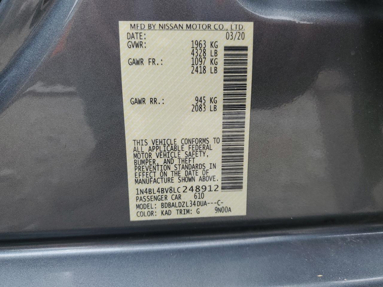 1N4BL4BV8LC248912 2020 Nissan Altima S