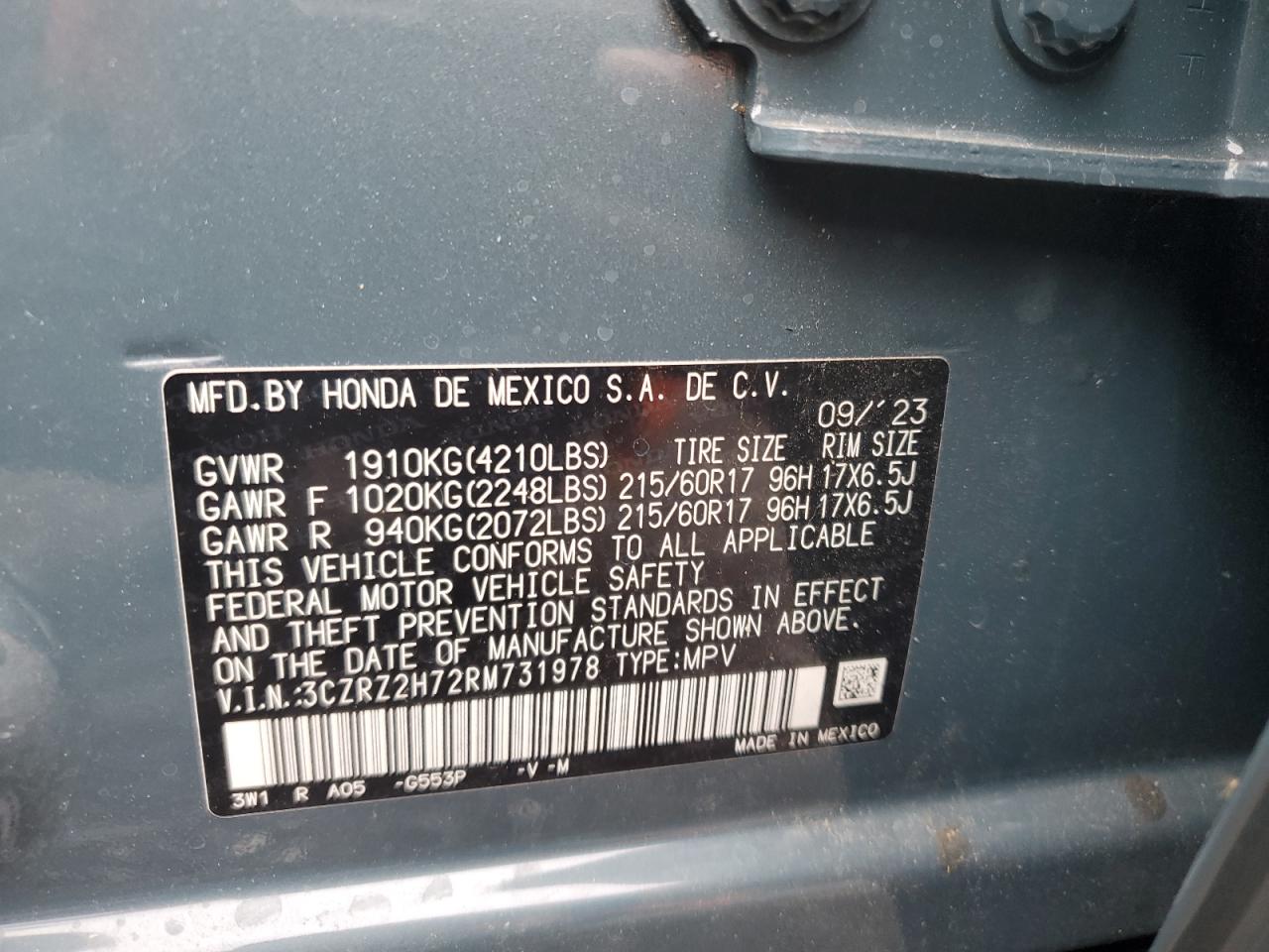 3CZRZ2H72RM731978 2024 Honda Hr-V Exl