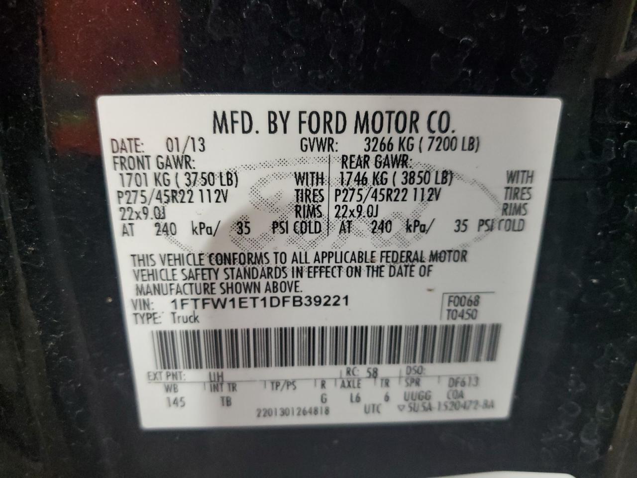 1FTFW1ET1DFB39221 2013 Ford F150 Supercrew