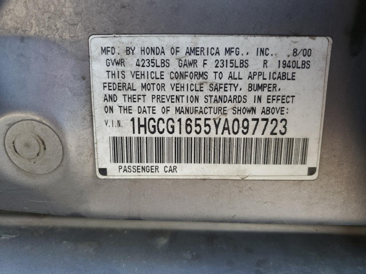 1HGCG1655YA097723 2000 Honda Accord Ex