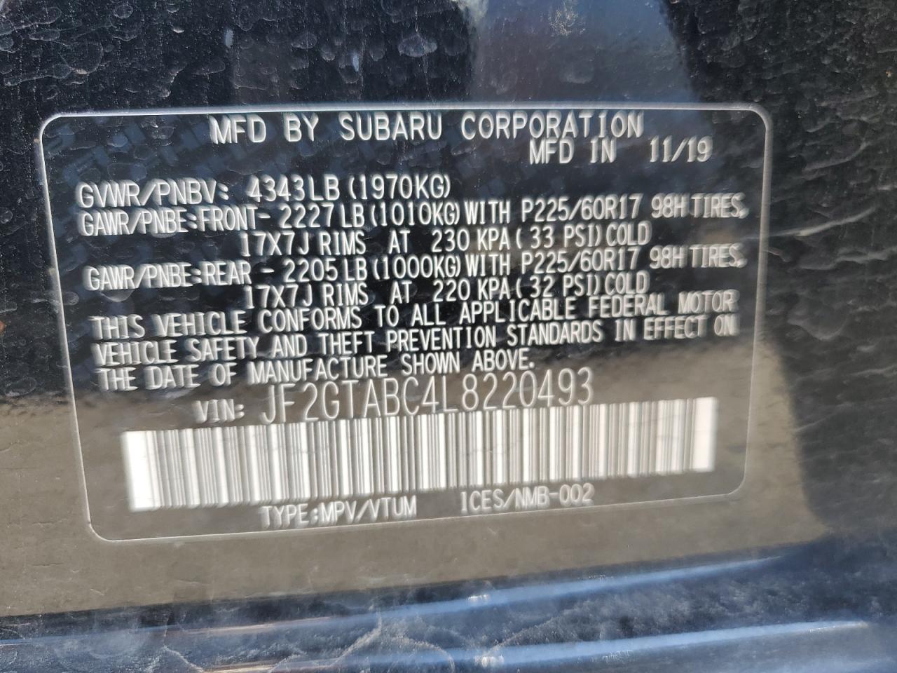 JF2GTABC4L8220493 2020 Subaru Crosstrek