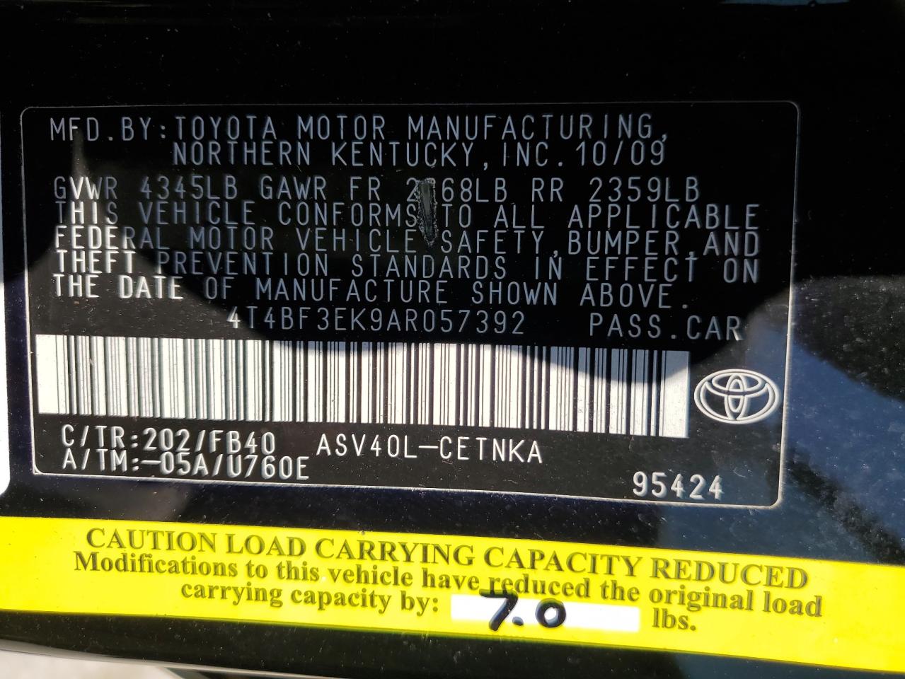 4T4BF3EK9AR057392 2010 Toyota Camry Base