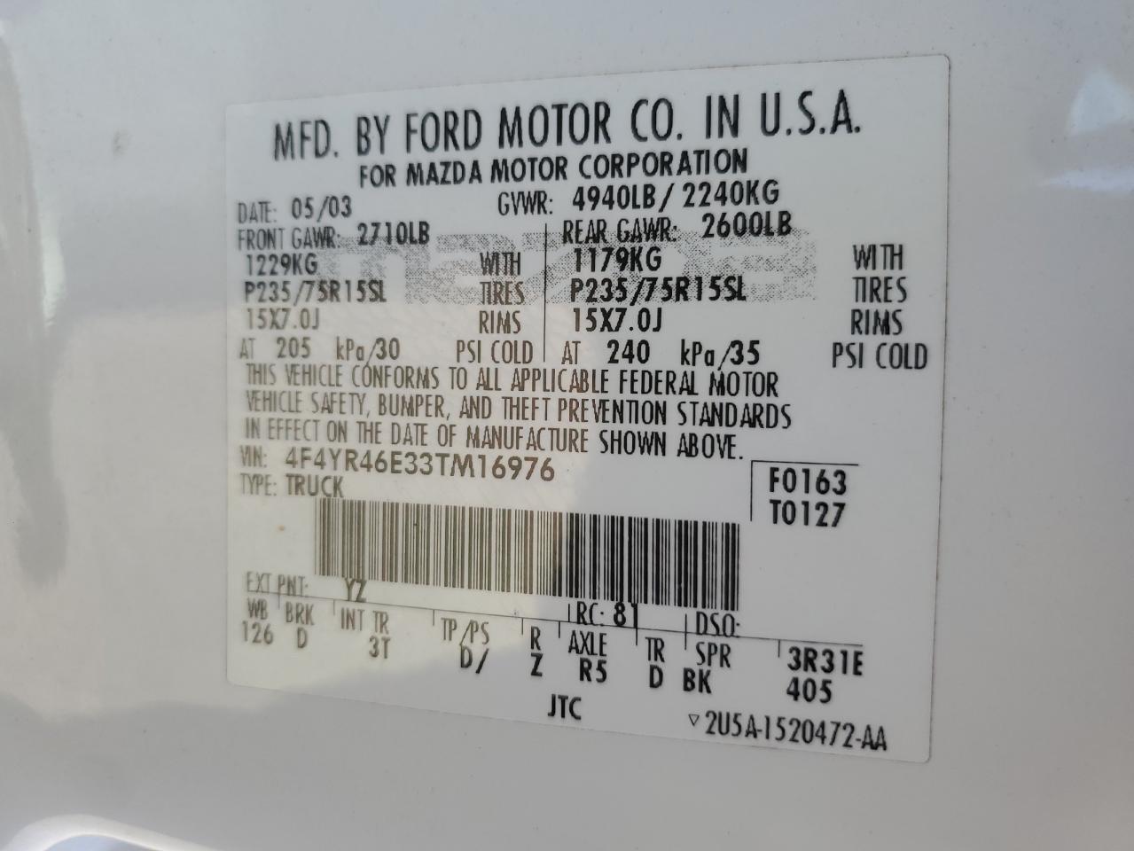 2003 Mazda B4000 Cab Plus VIN: 4F4YR46E33TM16976 Lot: 73387824