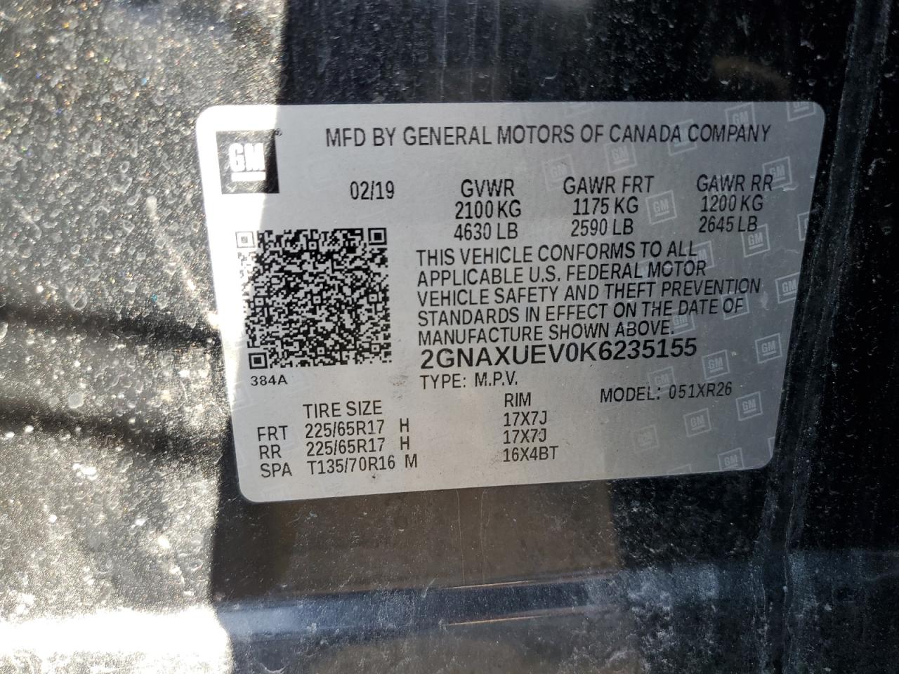 2GNAXUEV0K6235155 2019 Chevrolet Equinox Lt