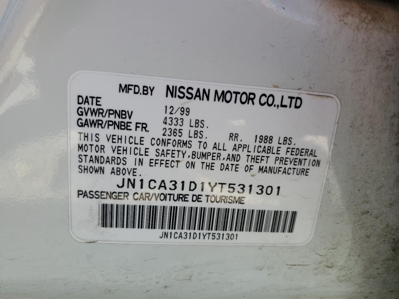 2000 Nissan Maxima Gle VIN: JN1CA31D1YT531301 Lot: 72937434