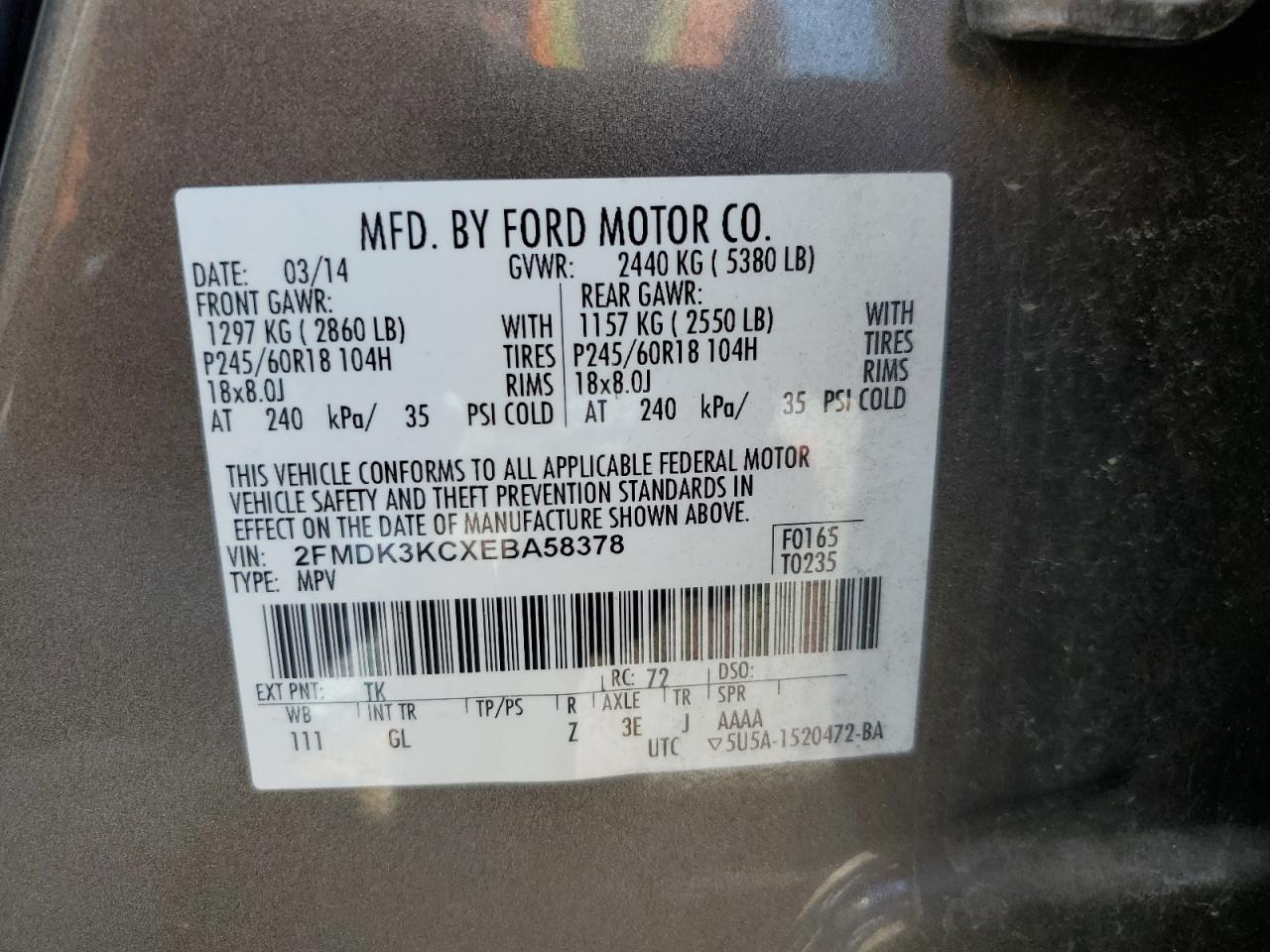 2FMDK3KCXEBA58378 2014 Ford Edge Limited