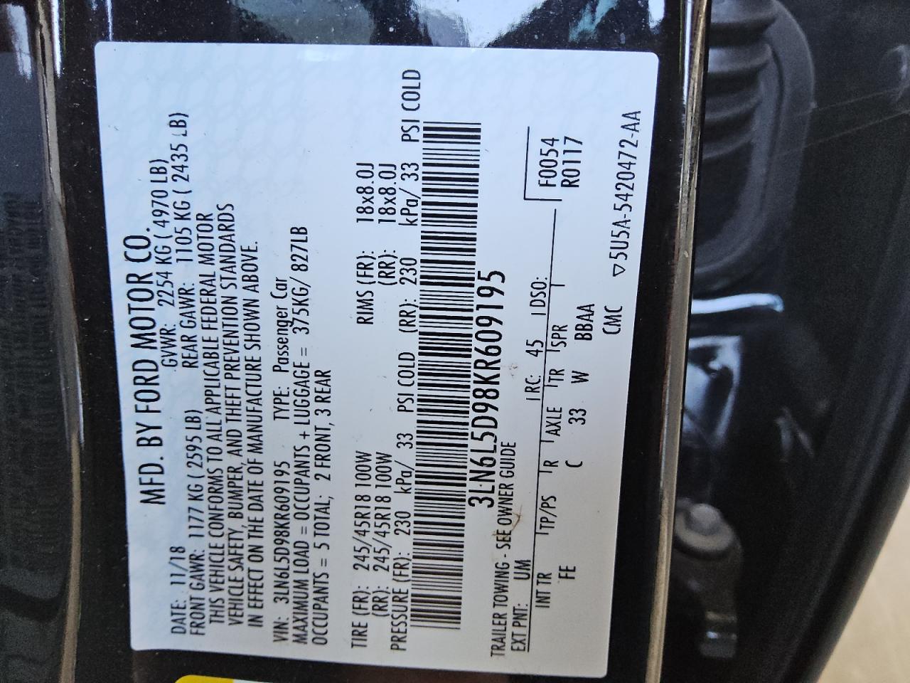 3LN6L5D98KR609195 2019 Lincoln Mkz Reserve I