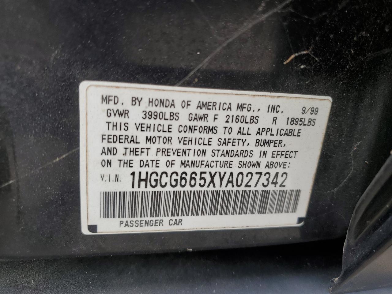 1HGCG665XYA027342 2000 Honda Accord Lx