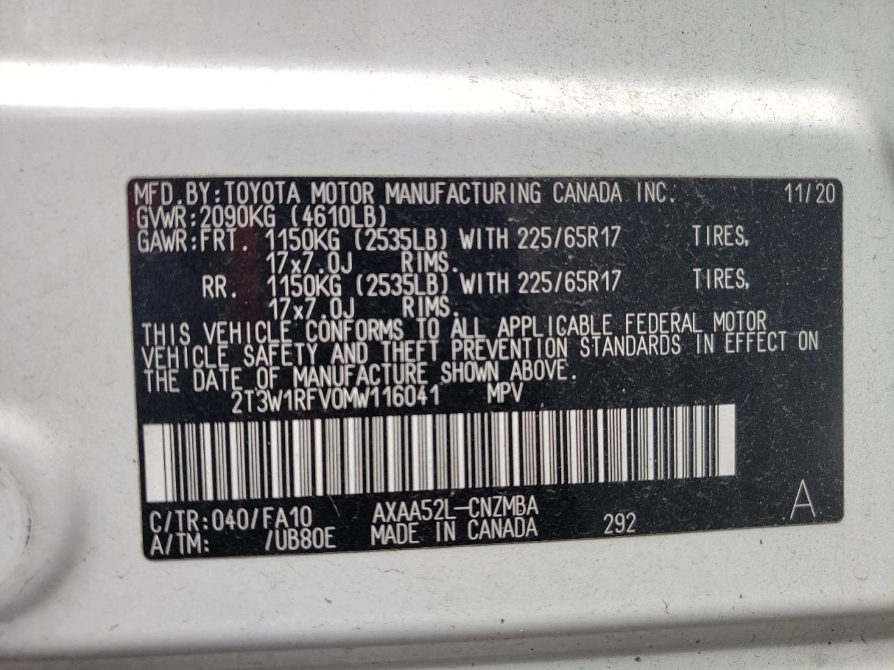 2T3W1RFV0MW116041 2021 Toyota Rav4 Xle