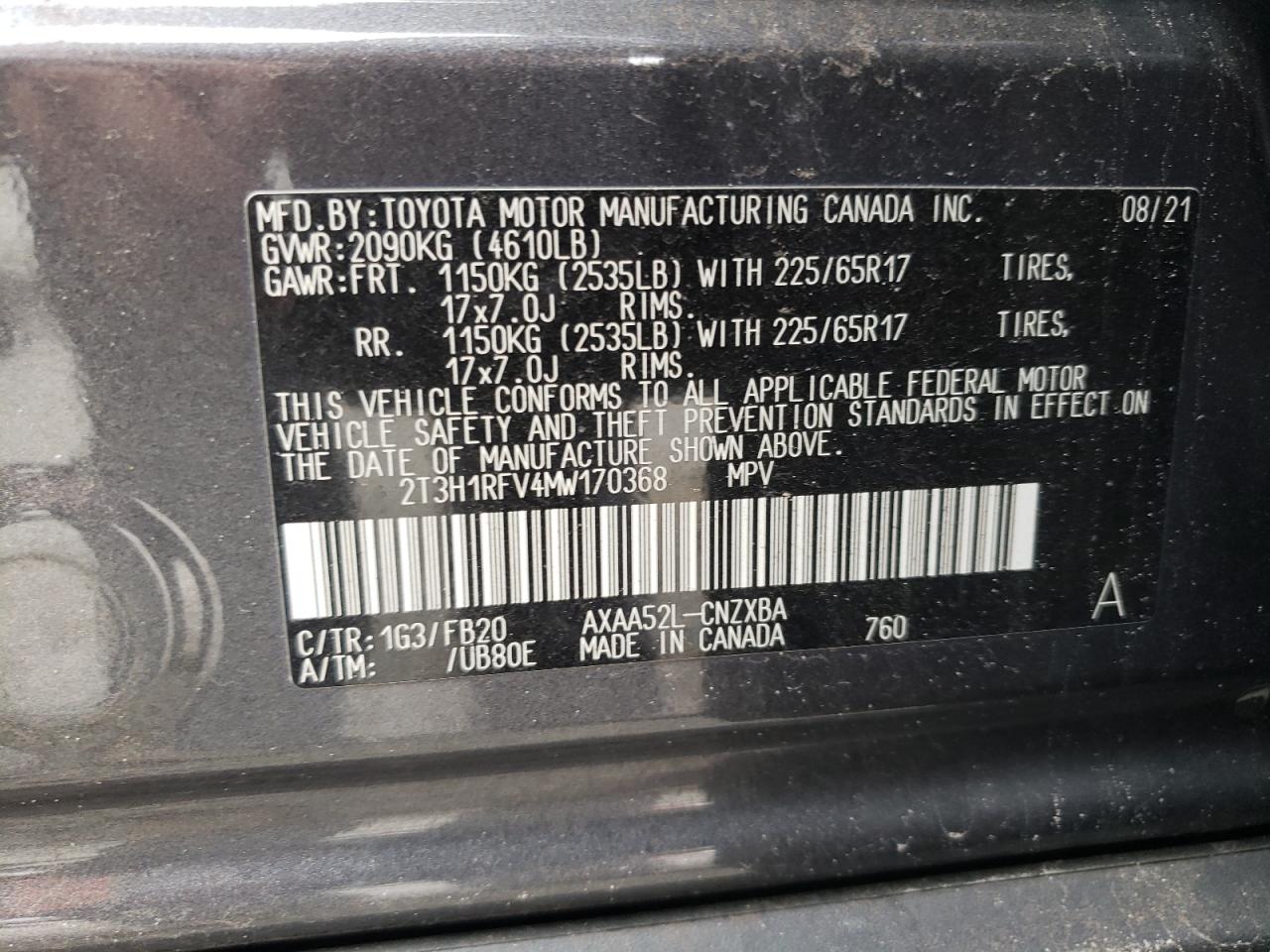 2T3H1RFV4MW170368 2021 Toyota Rav4 Le