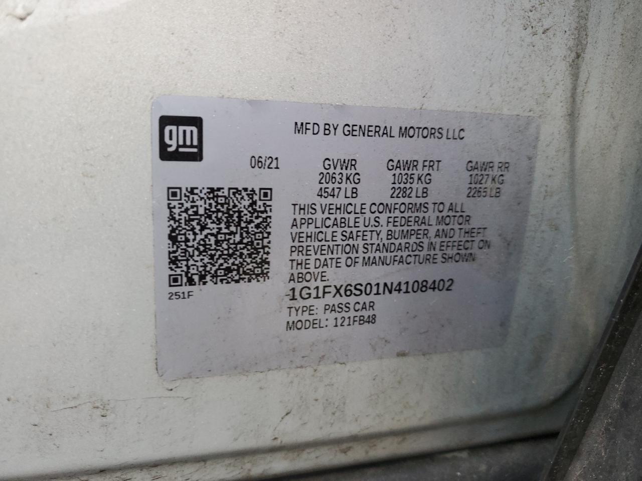 1G1FX6S01N4108402 2022 Chevrolet Bolt Ev 2Lt