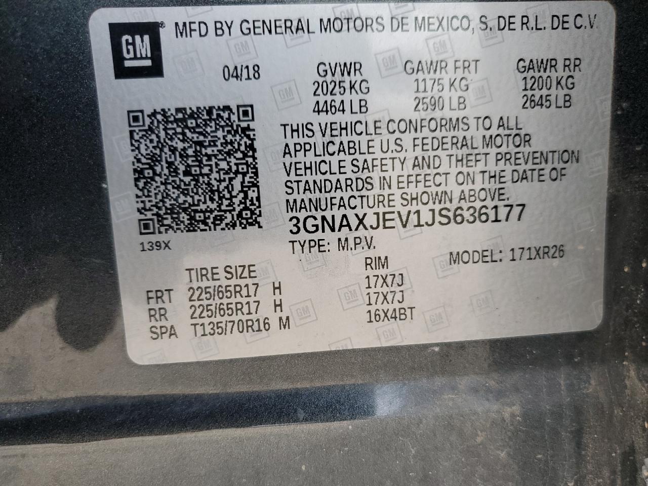 3GNAXJEV1JS636177 2018 Chevrolet Equinox Lt