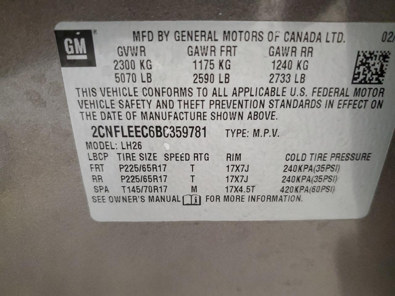 2CNFLEEC6B6359781 2011 Chevrolet Equinox Lt