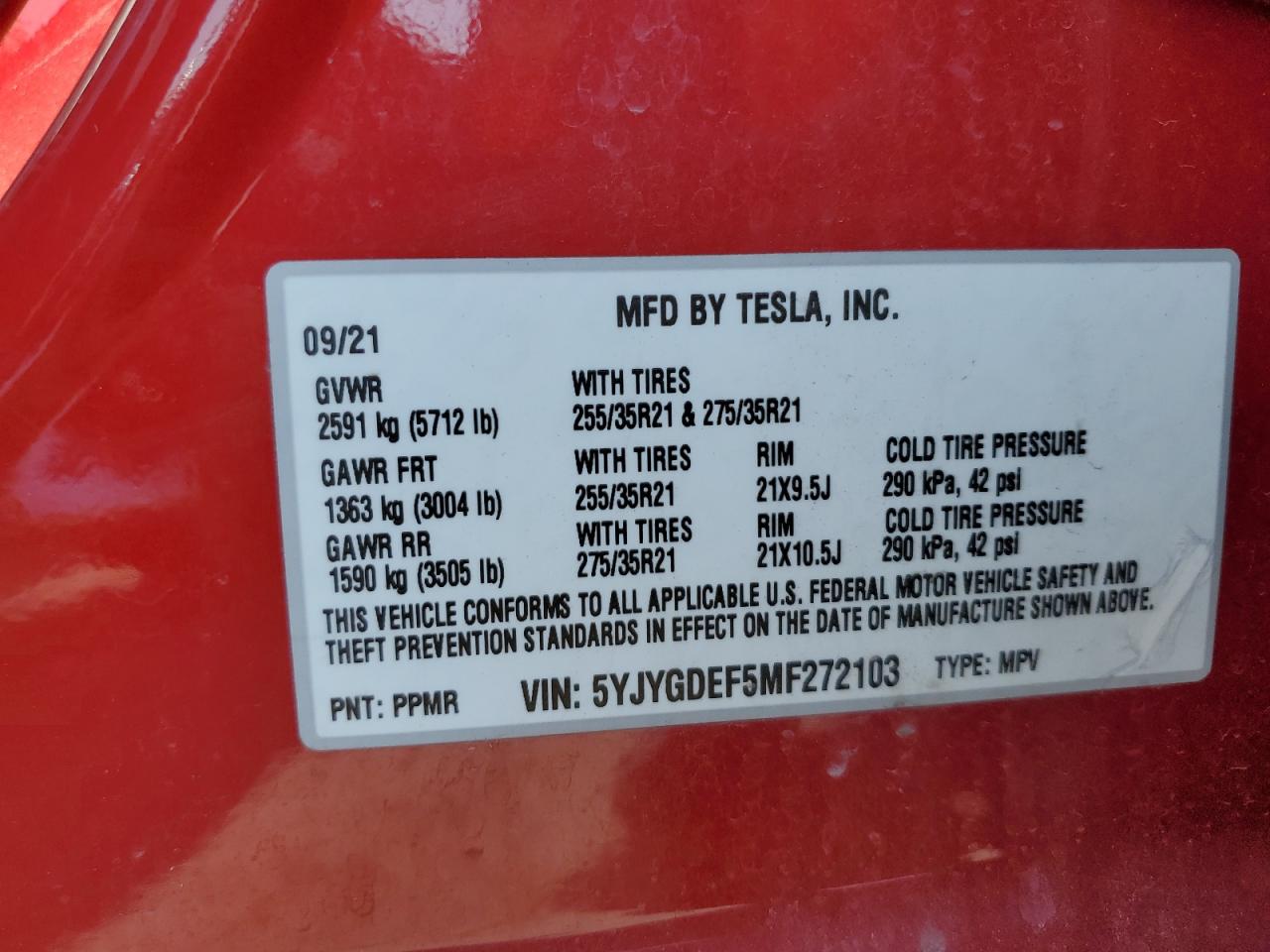 5YJYGDEF5MF272103 2021 Tesla Model Y