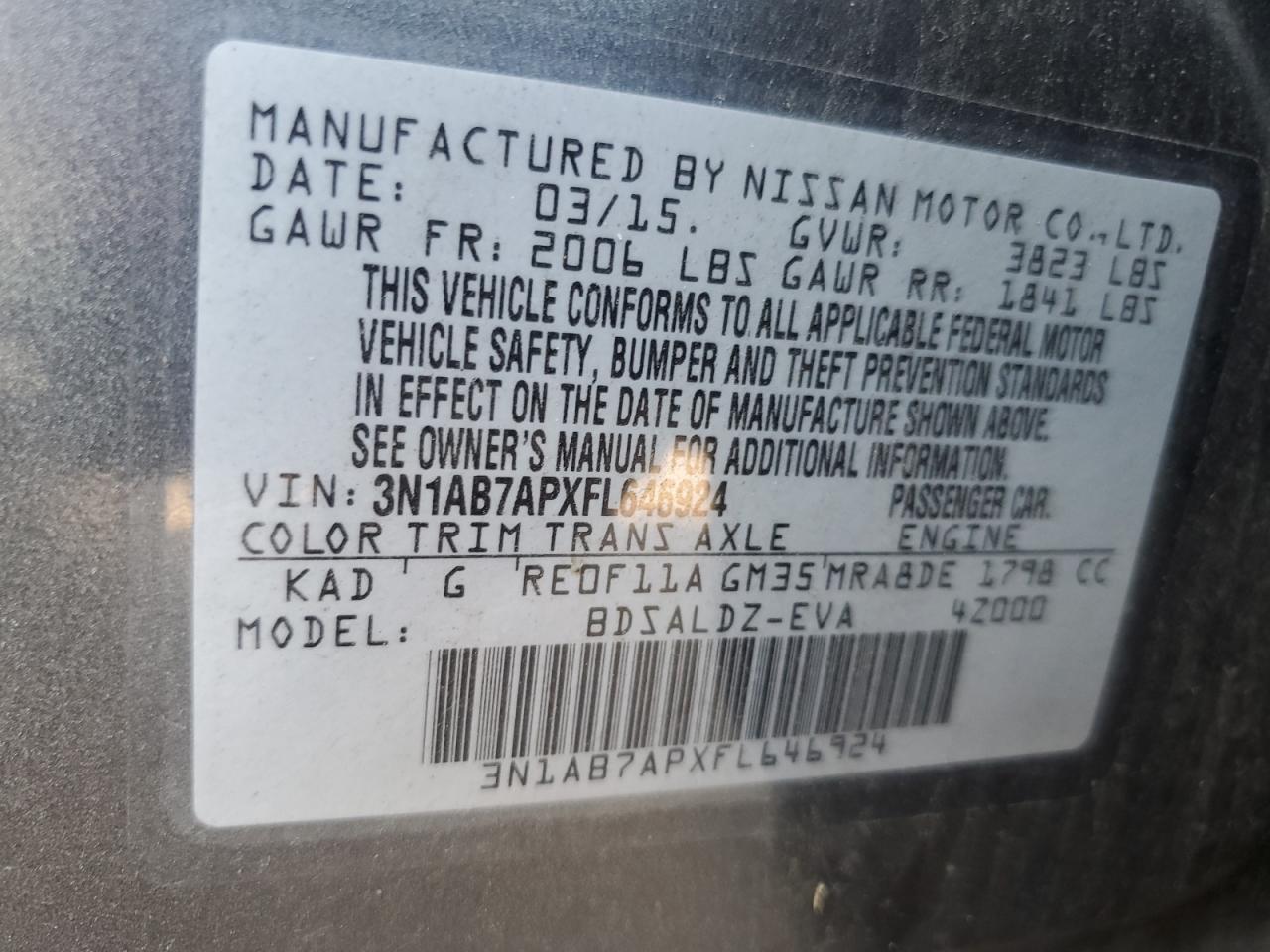 3N1AB7APXFL646924 2015 Nissan Sentra S