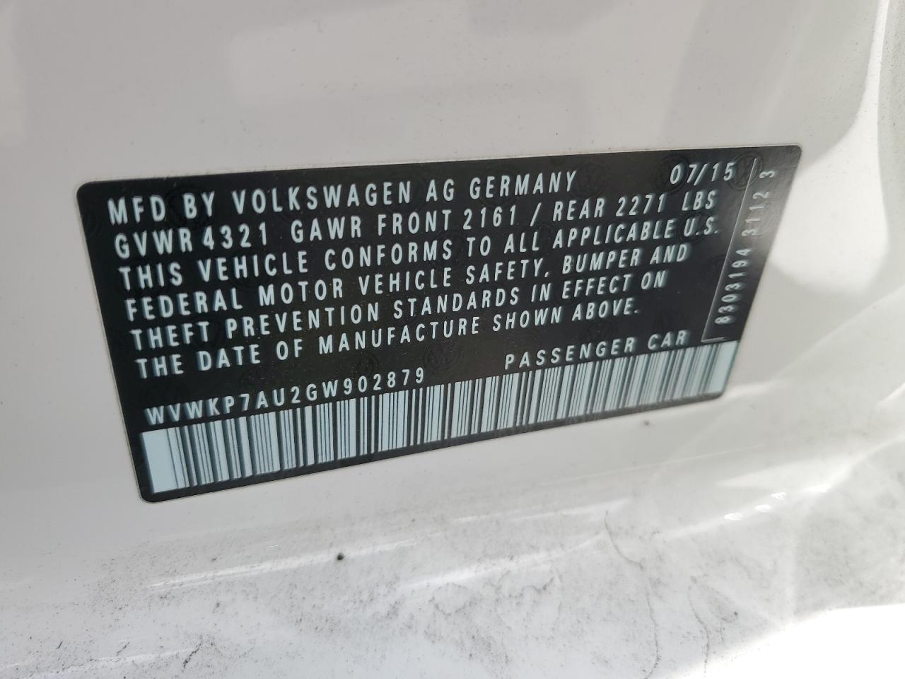 WVWKP7AU2GW902879 2016 Volkswagen E-Golf Se