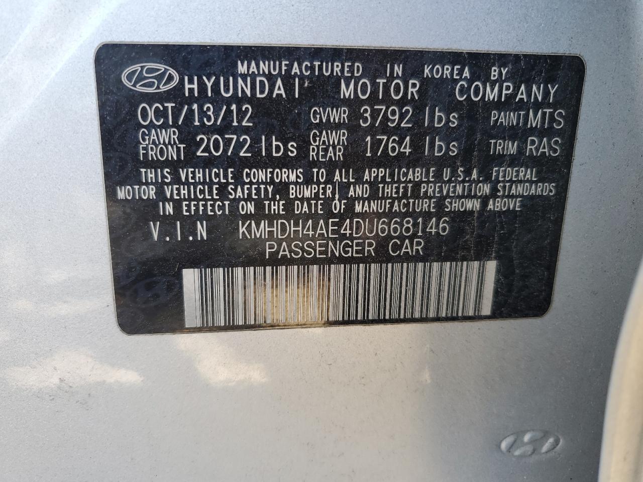 KMHDH4AE4DU668146 2013 Hyundai Elantra Gls