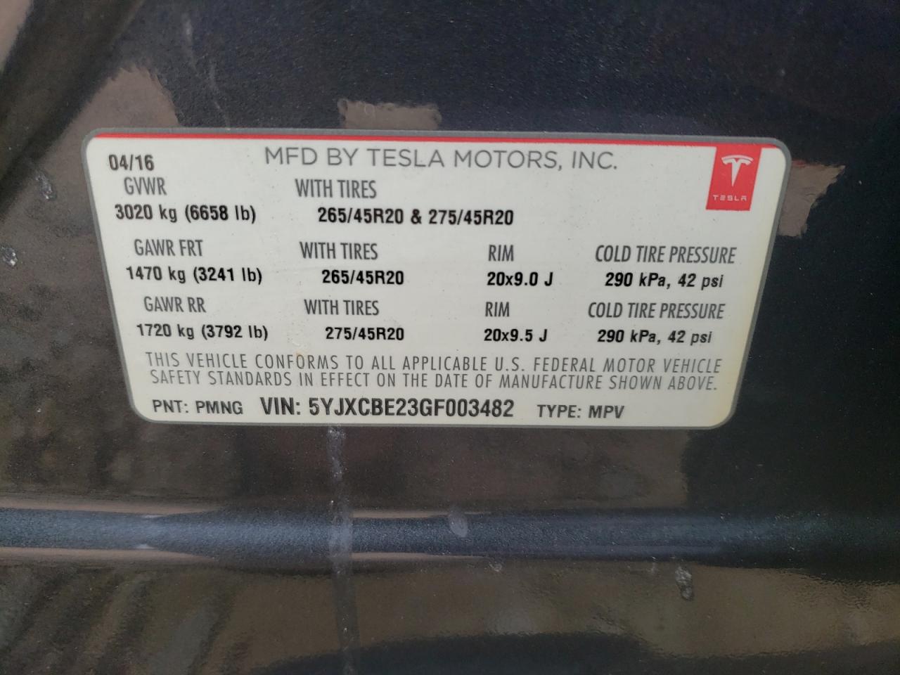 5YJXCBE23GF003482 2016 Tesla Model X