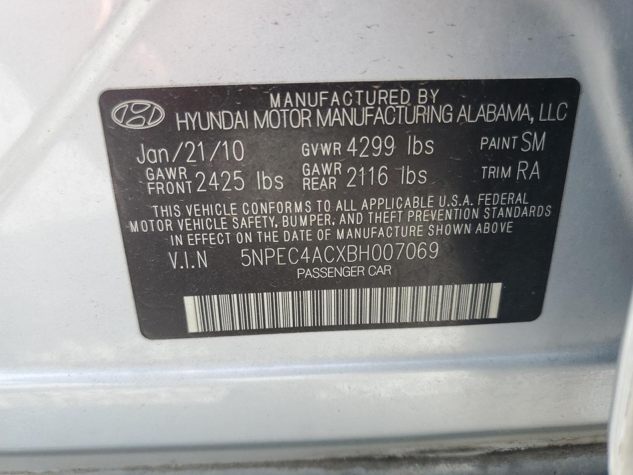 5NPEC4ACXBH007069 2011 Hyundai Sonata Se