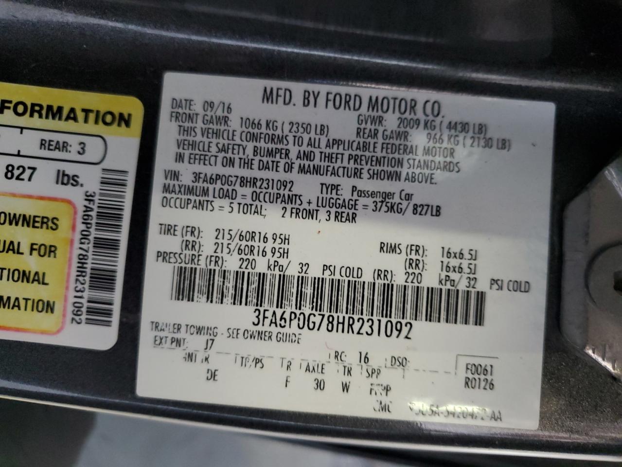 2017 Ford Fusion S VIN: 3FA6P0G78HR231092 Lot: 72439214