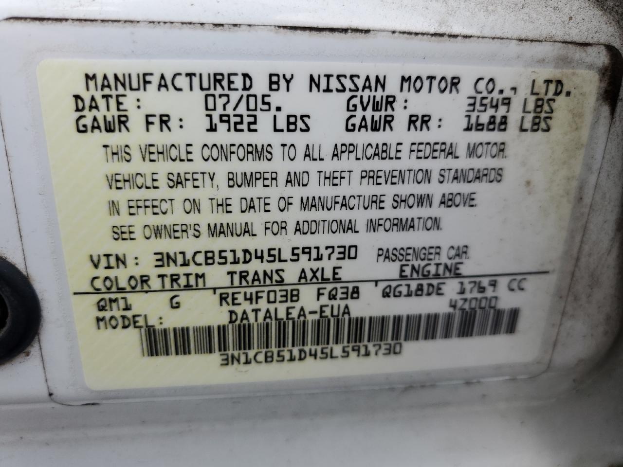 3N1CB51D45L591730 2005 Nissan Sentra 1.8