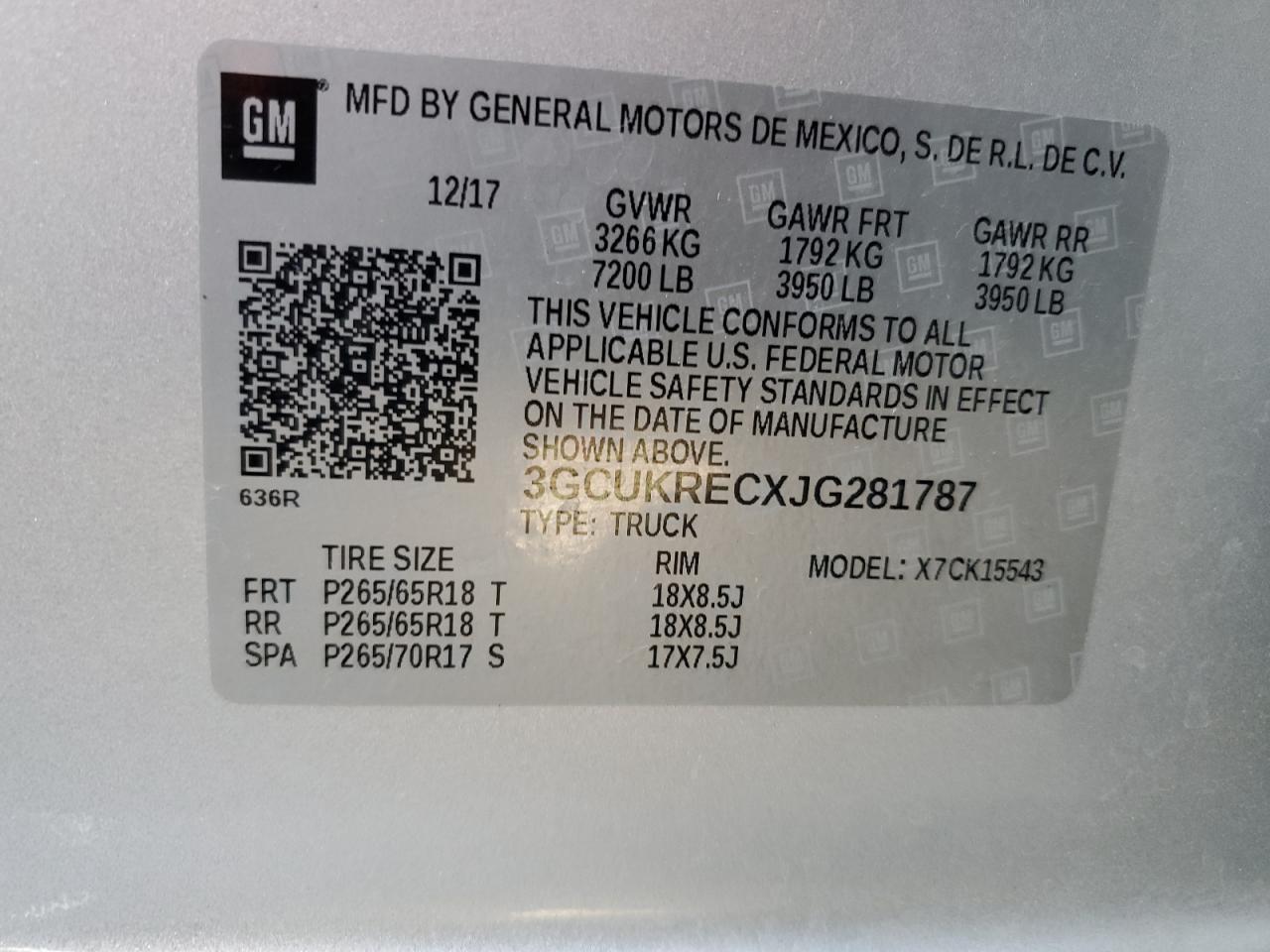 3GCUKRECXJG281787 2018 Chevrolet Silverado K1500 Lt