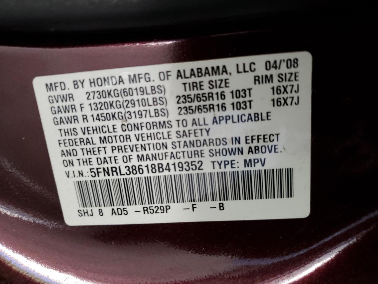 5FNRL38618B419352 2008 Honda Odyssey Exl